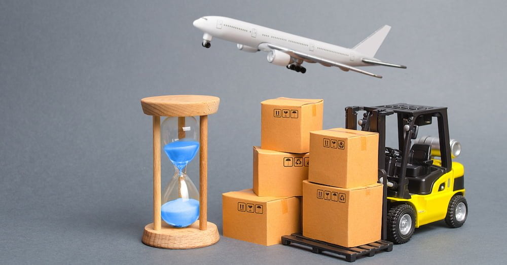 Yellow Forklift truck with cardboard boxesa airmail plane and a sand hourglass. Express delivery concept. Optimization of logistics, improving efficiency. Temporary storage, limited offer Distribution