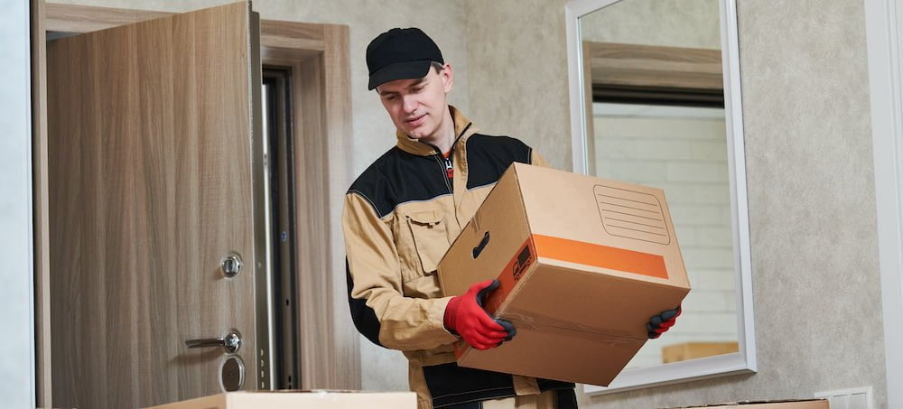 Worker in uniform carrying cardboard boxes into home during moving. Delivery or move service