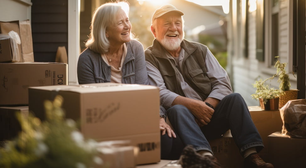 senior couple happily siting around moving boxes