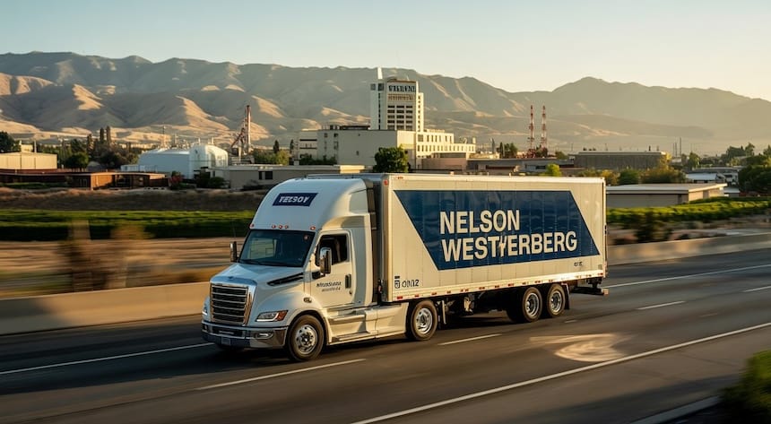 Image to inspire moving guide to Bakersfield California with moving truck and town background