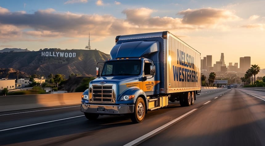 Inspiring image for Moving Guige to Los Angeles with moving truck and city background