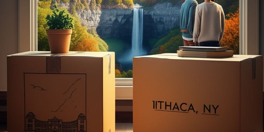In the foreground, positioned subtly off-center, are two tastefully designed, clean moving boxes.
