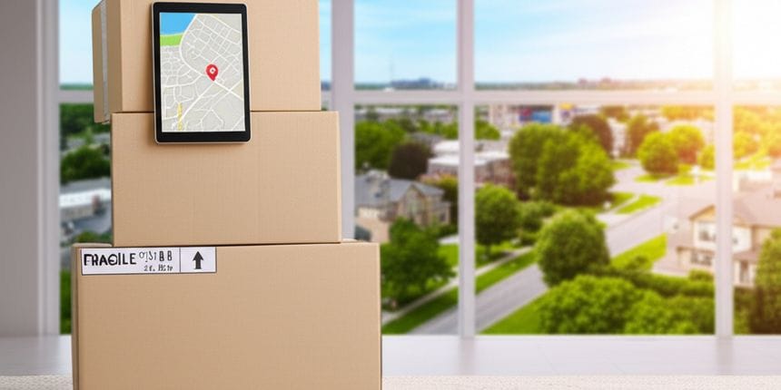 In the sharp foreground, a pristine stack of three sturdy, light brown moving boxes is neatly arranged.