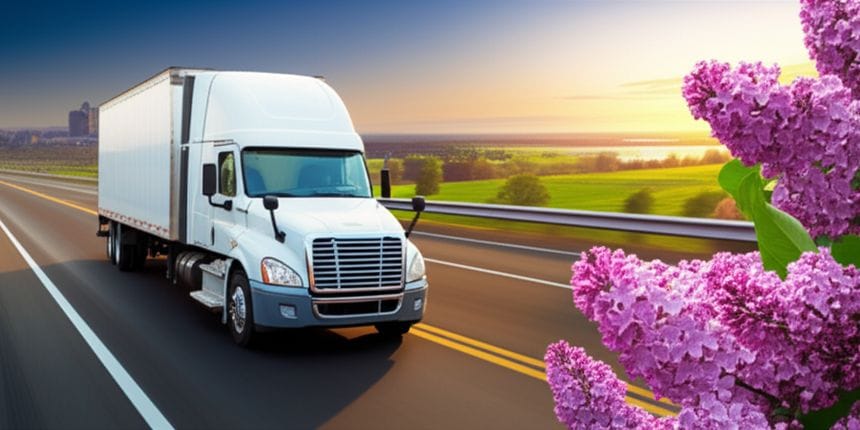 Details are evident in the truck's paintwork, the texture of the asphalt, and the individual petals of the lilacs.