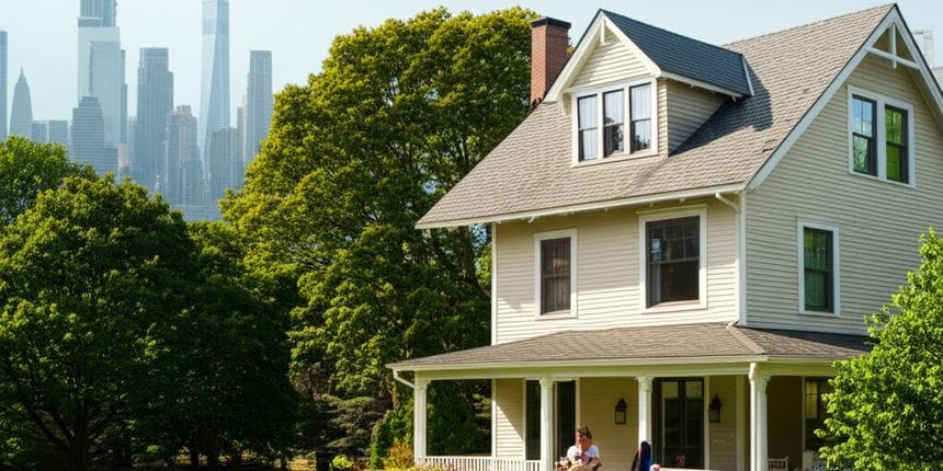 Dominating the lower two-thirds of the frame, a warm, inviting scene of a quintessential American single-family home.
