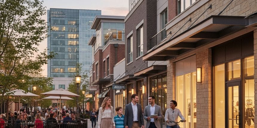 In the midground, a diverse group of well-dressed individuals moves through the beautifully landscaped pedestrian area.