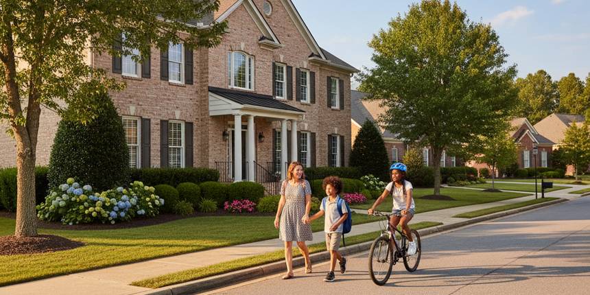 On the sidewalk, a diverse family is casually walking or cycling, embodying a thriving, safe community.
