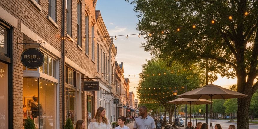 In the mid-ground, historic brick buildings with intricate architectural details line the street.