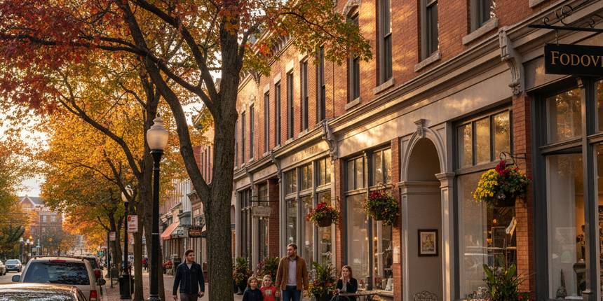 On the clean, well-maintained brick sidewalk, a few elegantly dressed individuals or small groups (e.