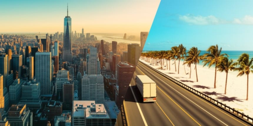Split view showing New York City skyline transitioning to Florida palm trees and sunny beach representing the popular relocation route