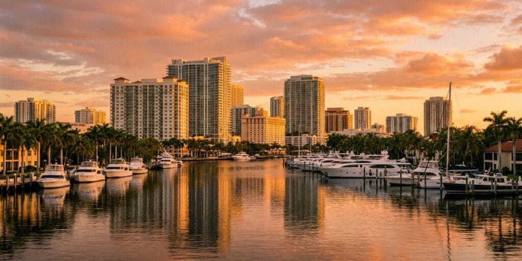 Fort Lauderdale Florida skyline at golden hour with downtown high-rise buildings reflected in Intracoastal Waterway, luxury yachts at marina, palm trees - Moving Guide to Fort Lauderdale