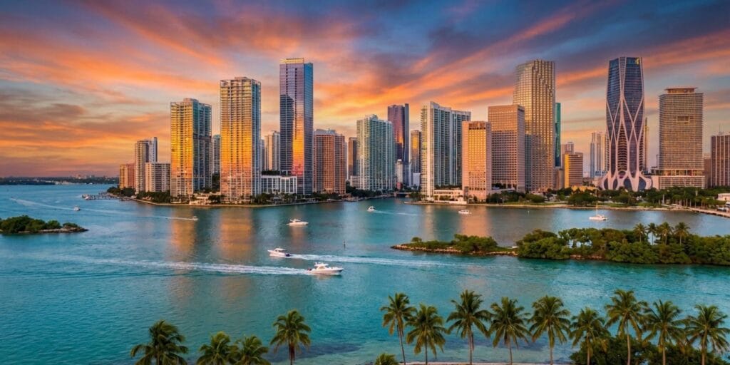 Miami skyline at golden hour sunset with modern glass skyscrapers reflecting warm light over Biscayne Bay