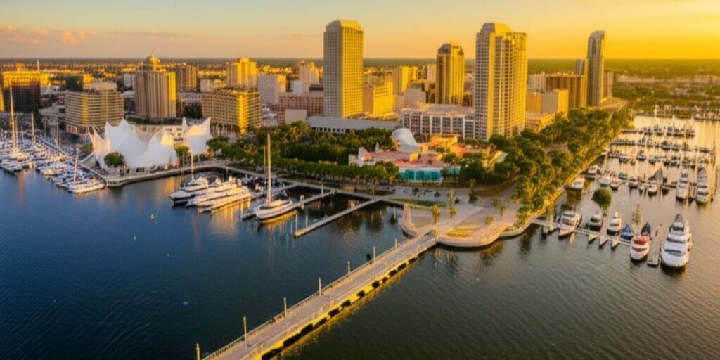 St. Petersburg Florida downtown waterfront skyline at golden hour with Tampa Bay, palm trees, and boats - Moving Guide to St. Petersburg