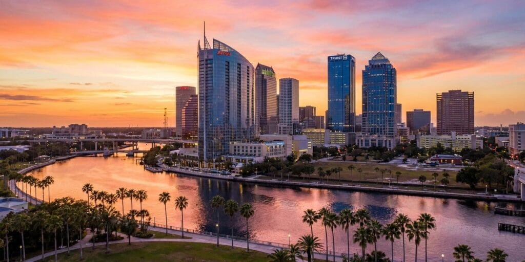 Tampa Florida skyline at golden hour with Hillsborough River, downtown buildings, and palm trees - Moving Guide to Tampa