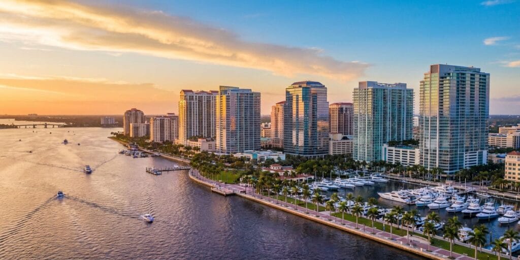 Aerial view of West Palm Beach Florida downtown skyline showing modern office towers along the Intracoastal Waterway with palm trees and marina at golden hour