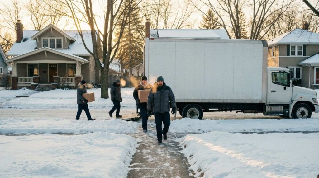 Professional moving crew carrying boxes through snow to a moving truck on a winter morning