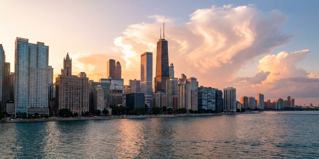 Chicago skyline at golden hour with Lake Michigan, representing Illinois to Florida relocation