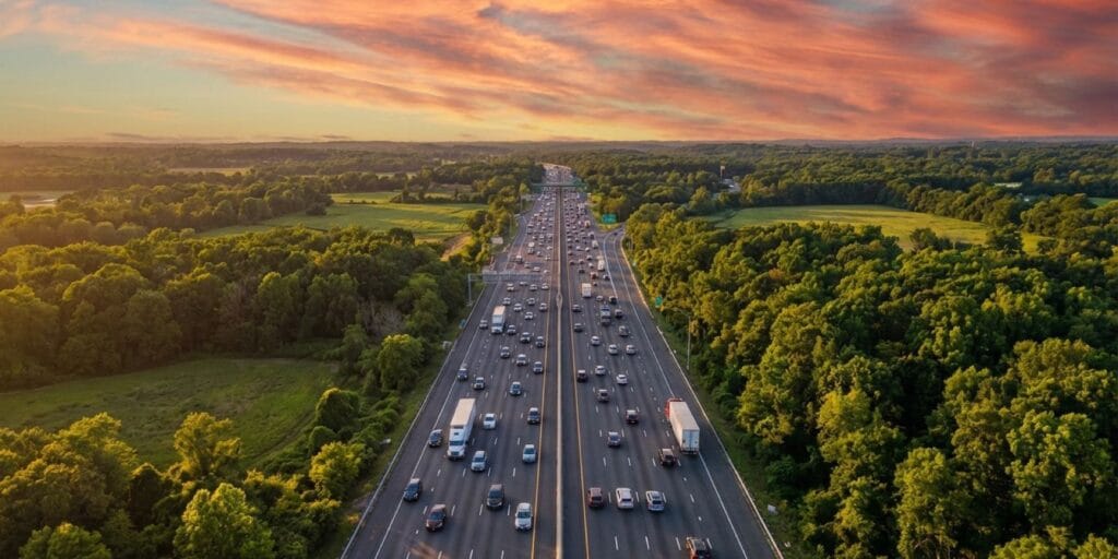 Moving truck on interstate highway heading south from New Jersey to Florida at golden hour