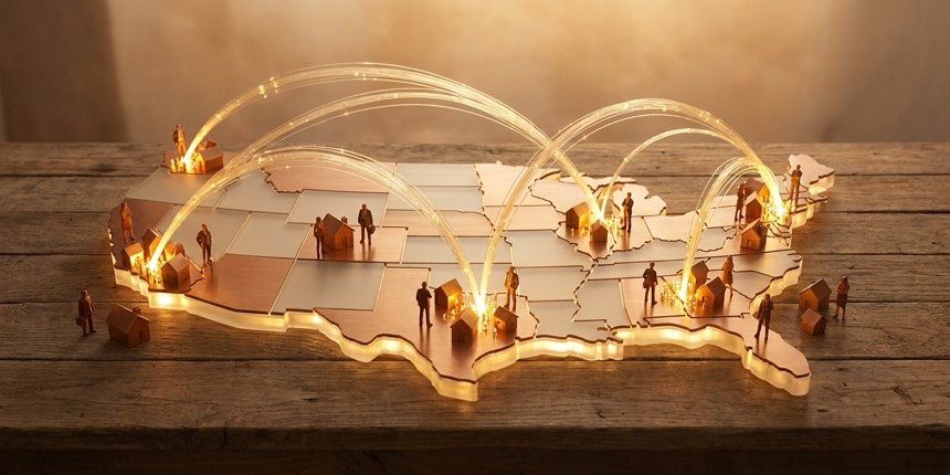 A 3D map of the United States with glowing routes between cities and small home and people figures — corporate talent migration patterns