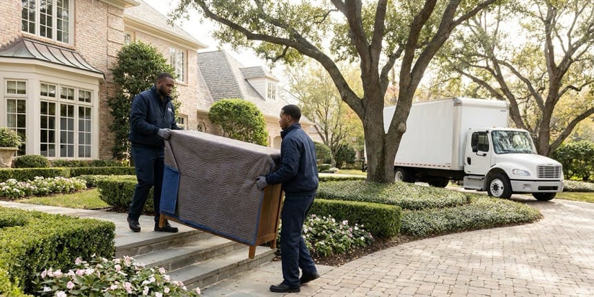 Nelson Westerberg moving specialists carrying wrapped furniture down the front steps of an upscale suburban home during an executive relocation