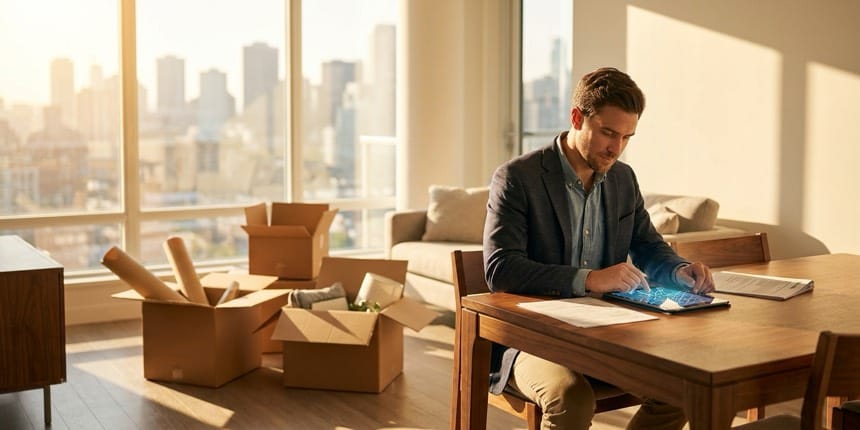 A relocating professional unpacking in a sunlit new home while reviewing moving plans on a tablet — technology-assisted employee relocation