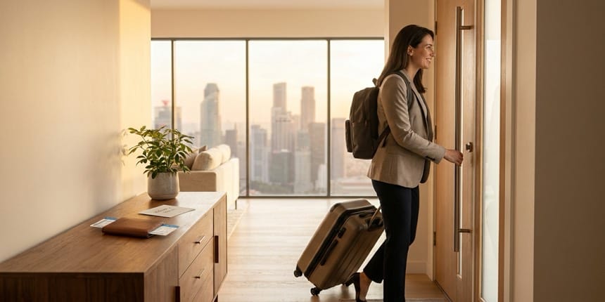 A professional arriving at a new home abroad with luggage and passport, city skyline beyond — international employee relocation