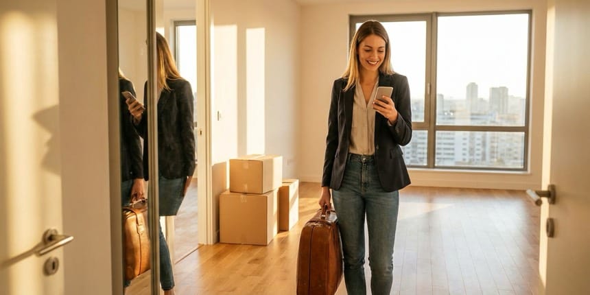 A professional arriving at a new apartment with a suitcase, checking a moving checklist — an employee managing a lump sum relocation