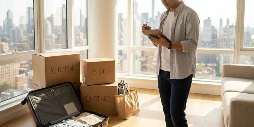 A relocating professional organizing a self-managed move in a new city apartment with labeled household boxes and a suitcase — lump sum employee relocation