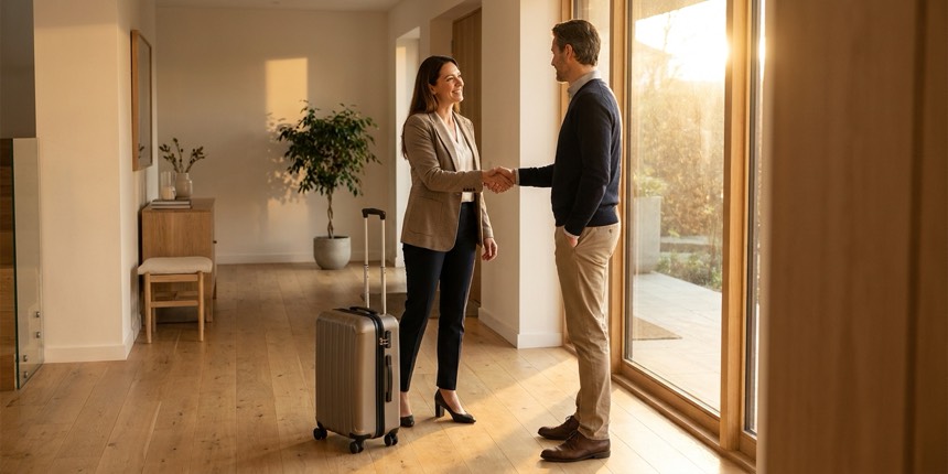 A relocated employee welcomed with a handshake in a new-home entryway with a suitcase — relocation as a talent retention investment