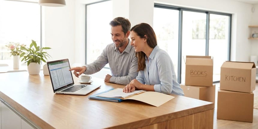 A couple reviewing a relocation budget on a laptop in their new home with moving boxes — the cost of relocating an employee and family