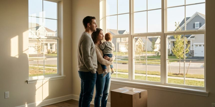 A young family in their new home looking out at a suburban neighborhood — the family decision behind a job relocation