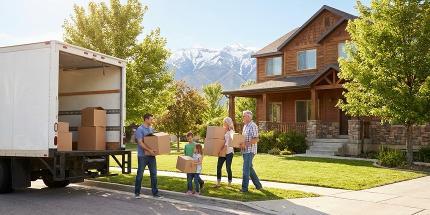 A family carrying moving boxes toward their new Denver-area home with the snow-capped Rocky Mountains in the background