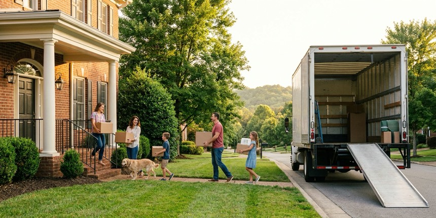A family unloading a moving truck at their new brick home in a Nashville-area suburb with rolling green Tennessee hills behind