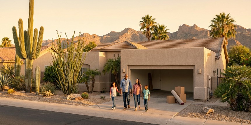 A family walking toward their new desert home in a Phoenix-area suburb with saguaro cactus and mountains in the background on moving day