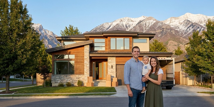 A young family arriving at their new home in a Salt Lake City suburb with the snow-capped Wasatch Mountains in the background on moving day