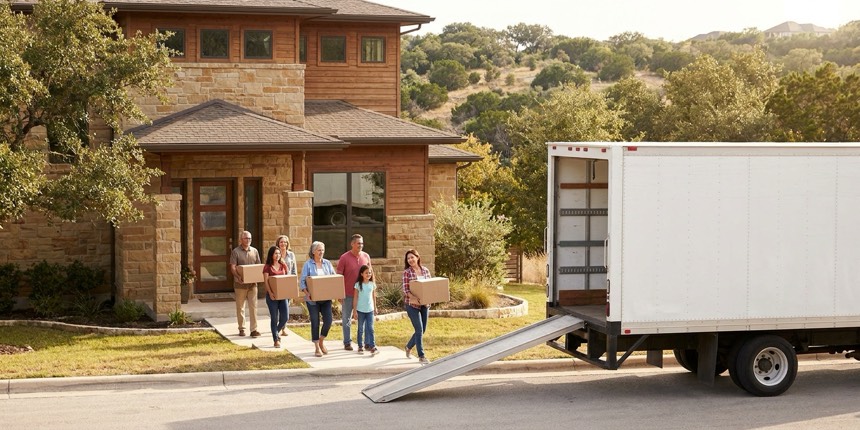 A family carrying boxes from a moving truck to their new home in an Austin Texas suburb with Hill Country greenery behind