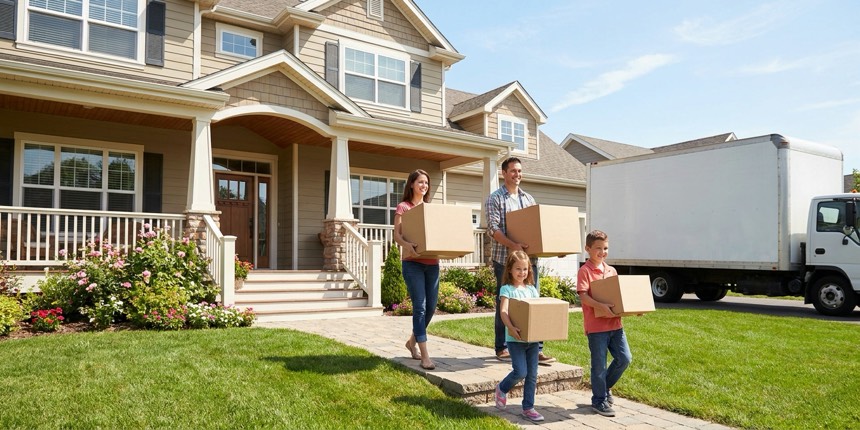 Family relocating to a new suburban home after moving from California