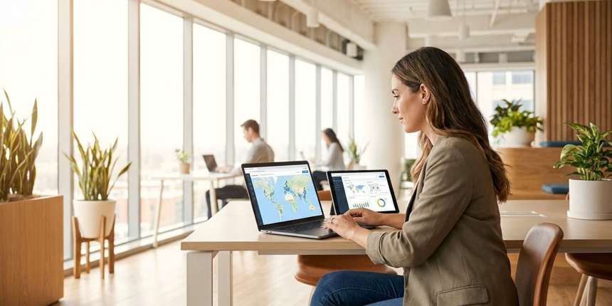A global mobility professional reviewing relocation program software in a modern office