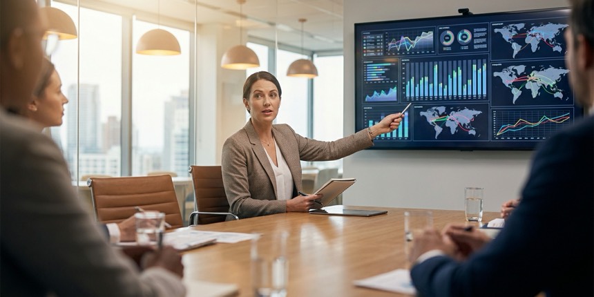 An HR leader presenting corporate relocation program metrics in a boardroom