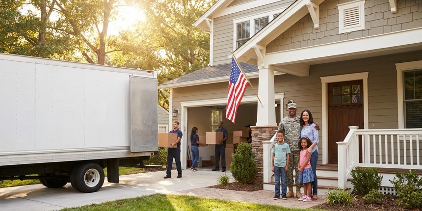A military family on moving day with a professional moving truck
