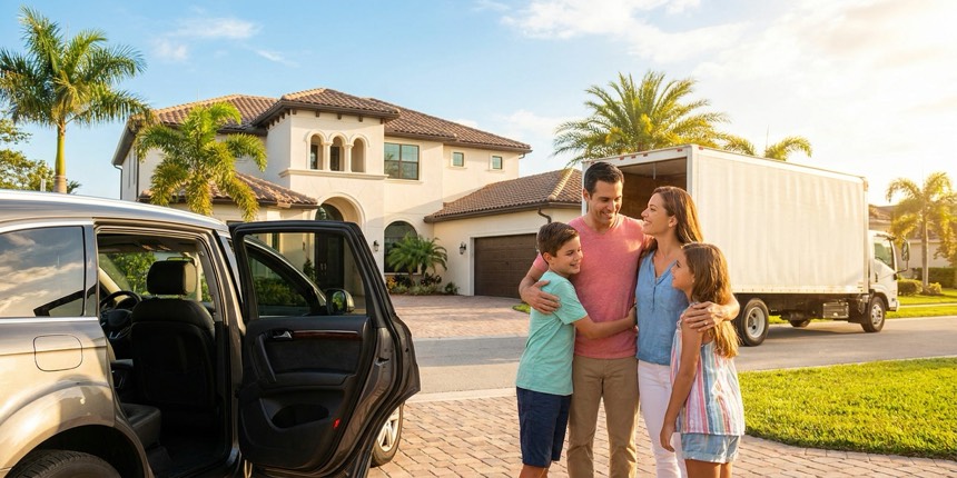 A family arriving at a new Florida Gulf-Coast home with a moving truck in the driveway