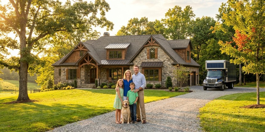 A family in front of their new Middle Tennessee home with a moving truck in the driveway