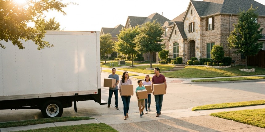 A moving truck outside a new home in a north Dallas suburb
