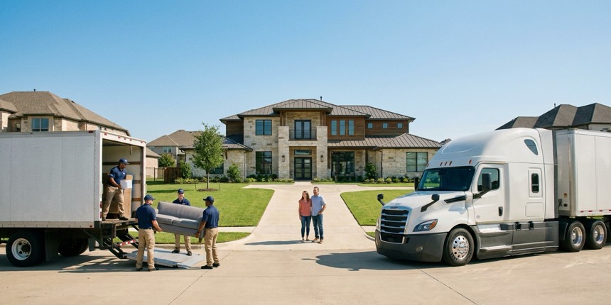 Movers unloading a truck at a spacious new Texas suburban home