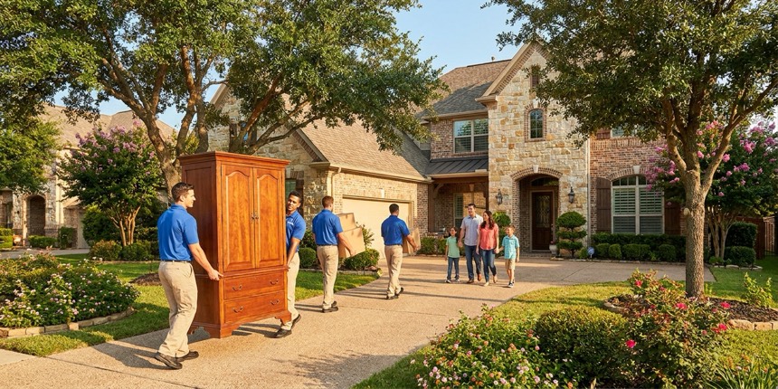 Professional movers carrying furniture into an upscale suburban Texas home