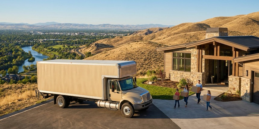 A moving truck outside a modern home in the Boise foothills overlooking the Treasure Valley