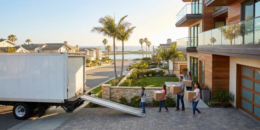 A moving truck outside a modern coastal home in Carlsbad, California