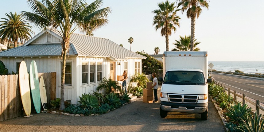 A moving truck outside a beach cottage home in Encinitas, California