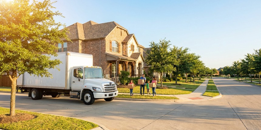 A moving truck outside a new home in a north Fort Worth master-planned community