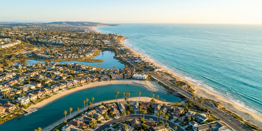 Aerial view of the North County San Diego coastline and beach towns